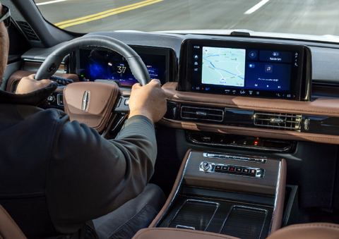 A person is driving a 2025 Lincoln Aviator® SUV from inside the cabin. | Varsity Lincoln in Novi MI